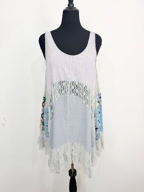Arrata Silent Journey Patchwork Stripe Floral Lace Lattice Tank Tunic Mini Dress